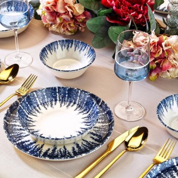 12-osainen ateriasarja, valkoinen/sininen, posliini