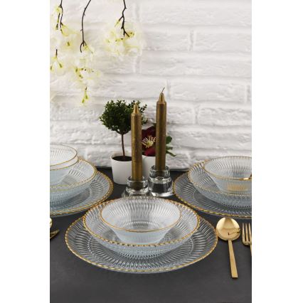 12-osainen ruokailusarja, kirkasta lasia kultaisilla yksityiskohdilla