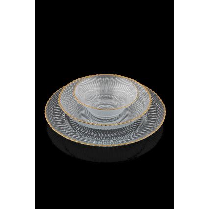 12-osainen ruokailusarja, kirkasta lasia kultaisilla yksityiskohdilla