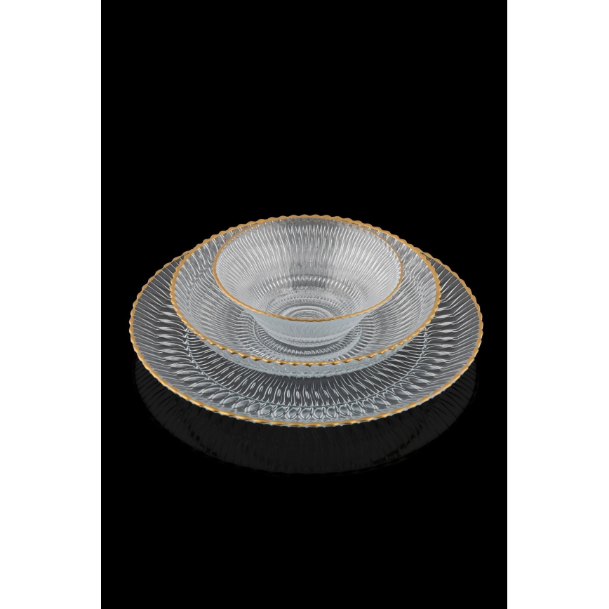 12-osainen ruokailusarja, kirkasta lasia kultaisilla yksityiskohdilla