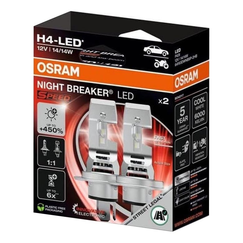 2 kpl LED-ajovalopolttimoa NIGHT BREAKER SPEED H4 P43T/14W/12V 6000K - Osram