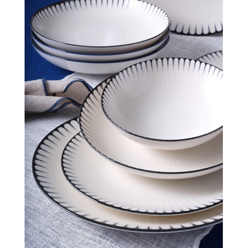 24-osainen posliininen ruokailusetti, valkoinen/musta