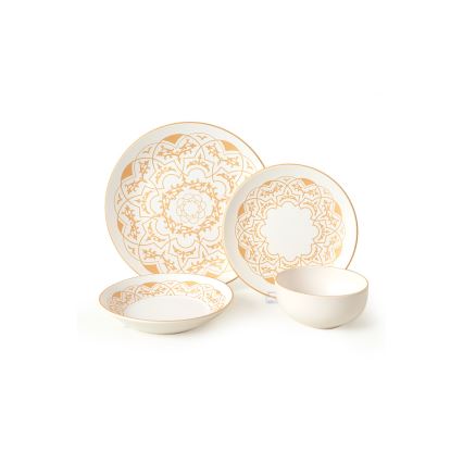 24-osainen ruokailusarja, valkoinen/kultainen/keramiikka