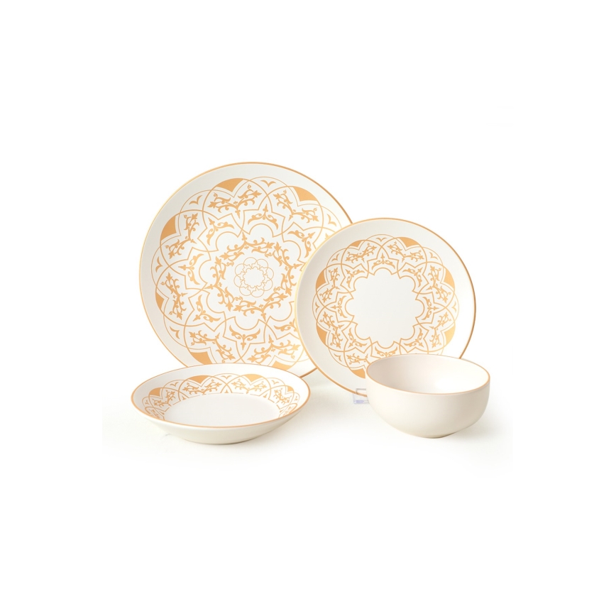 24-osainen ruokailusarja, valkoinen/kultainen/keramiikka