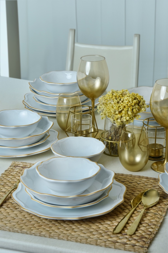 24-osainen ruokailusarja, valkoinen/kultainen/kivitavara