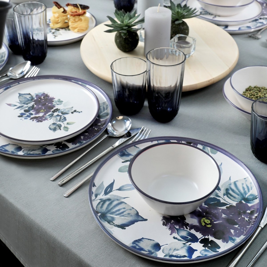 24-osainen ruokailusarja, valkoinen/sininen, keramiikka