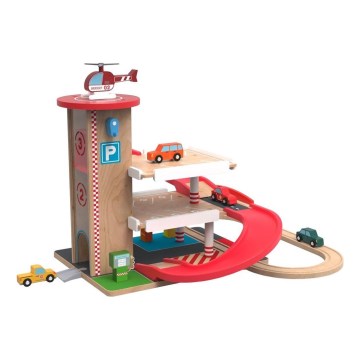 2Kids Toys - Puinen autotalli junaradalla