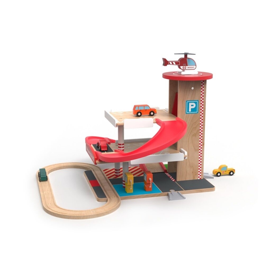 2Kids Toys - Puinen autotalli junaradalla