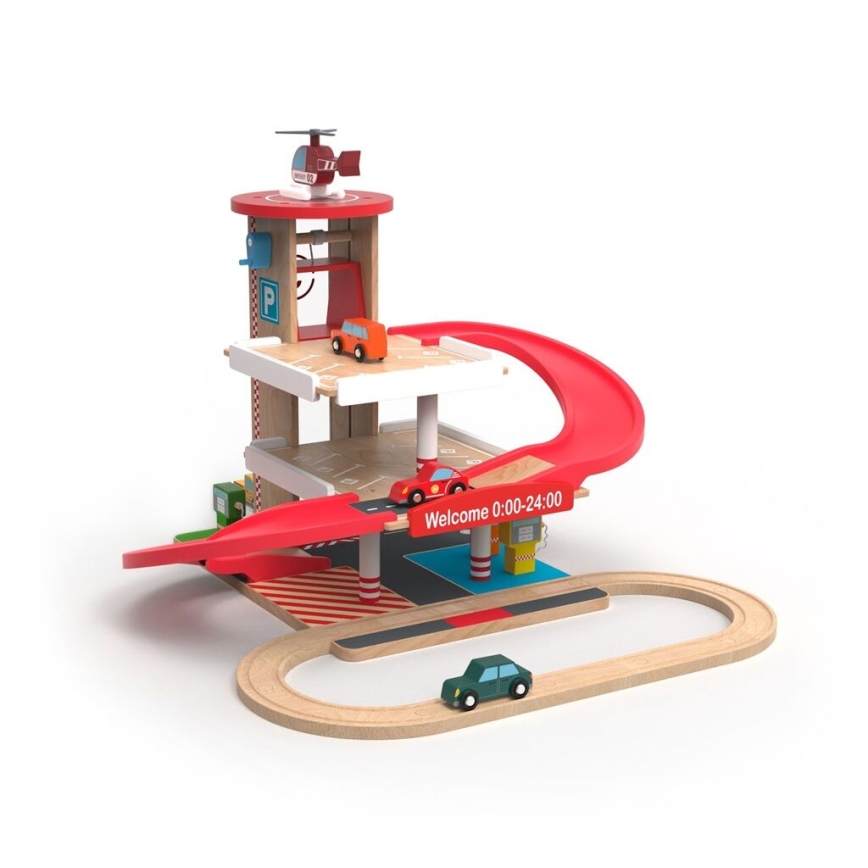 2Kids Toys - Puinen autotalli junaradalla