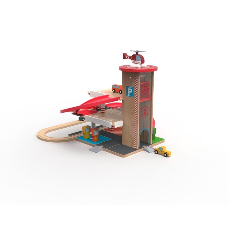 2Kids Toys - Puinen autotalli junaradalla