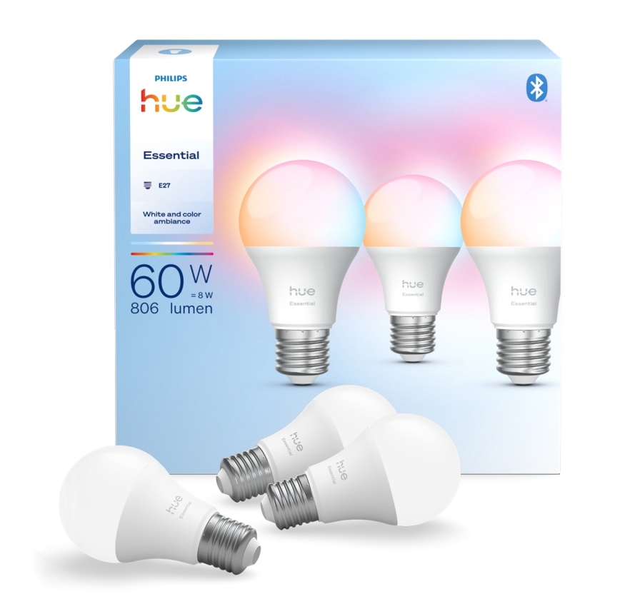 3 kpl himmennettäviä Philips Hue White And Color Ambiance Essential E27 LED-lamppuja, 8W/230V, 2200-6500K