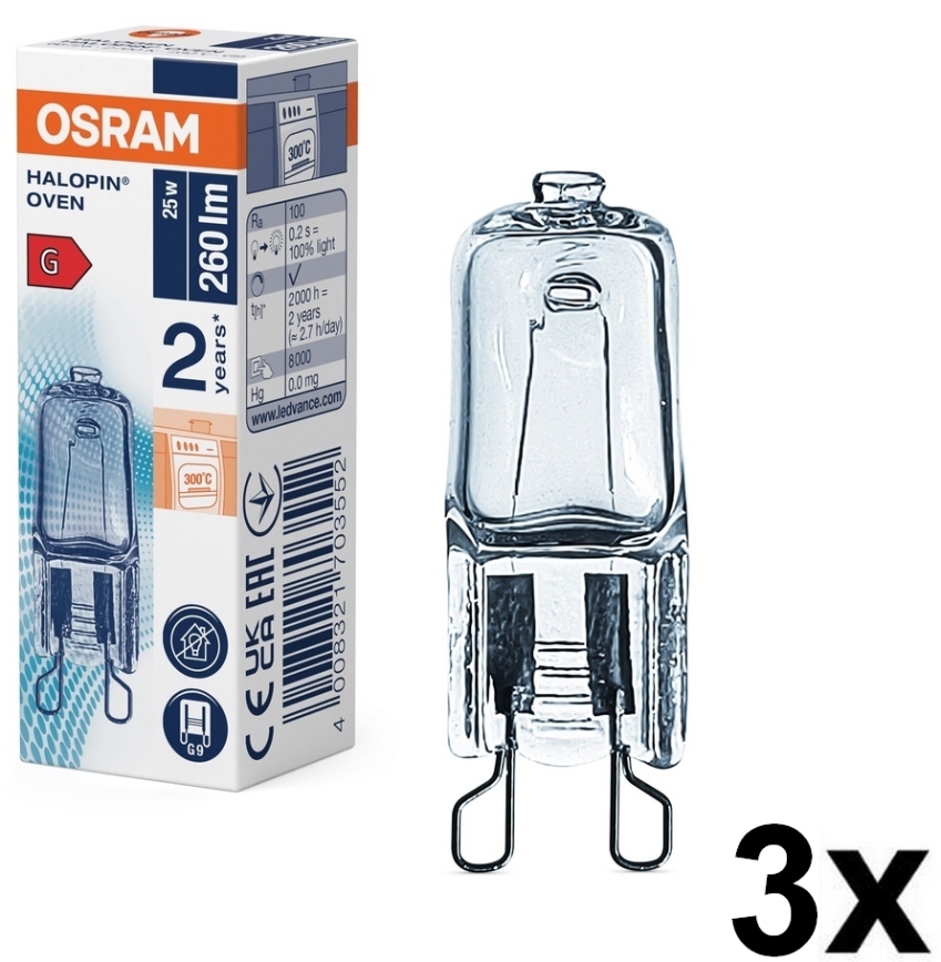 3 kpl uunipolttimo HALOPIN G9/25W/230V 2700K - Osram
