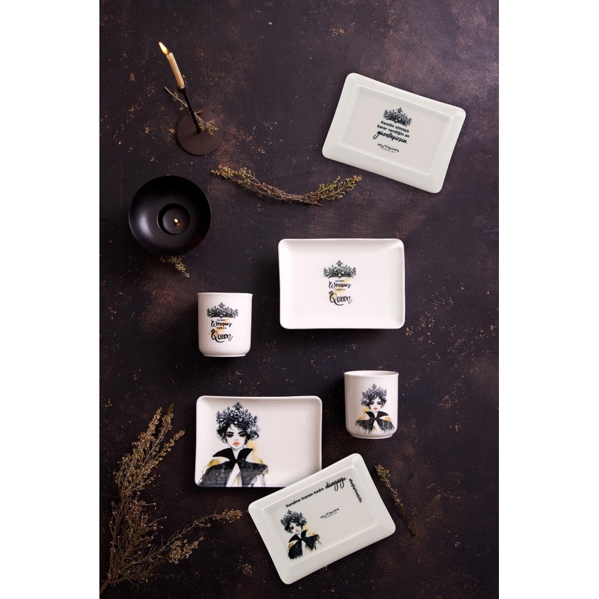 4-osainen posliininen ruokailusetti, musta/valkoinen