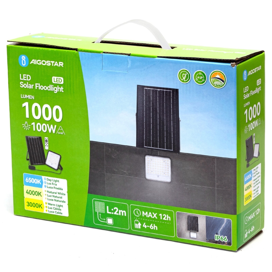 Aigostar - LED himmennettävä aurinkokohdevalo LED/100W/3,4V 3000/4000/6500K IP66 8000 mAh + kaukosäädin