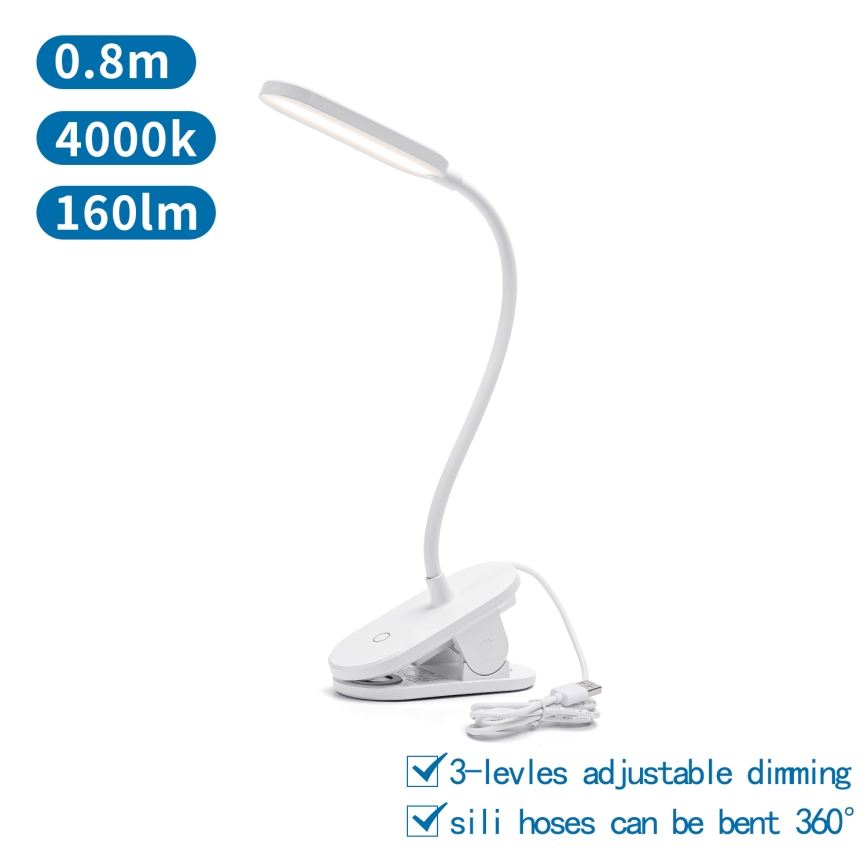 Aigostar - Himmennettävä LED-pöytävalaisin klipsillä LED/2,5W/5V valkoinen