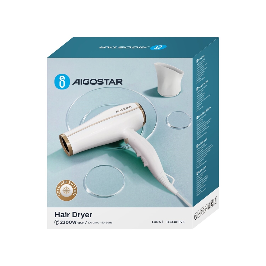 Aigostar - Hiustenkuivain ionisaattorin kanssa 2200W/230V valkoinen