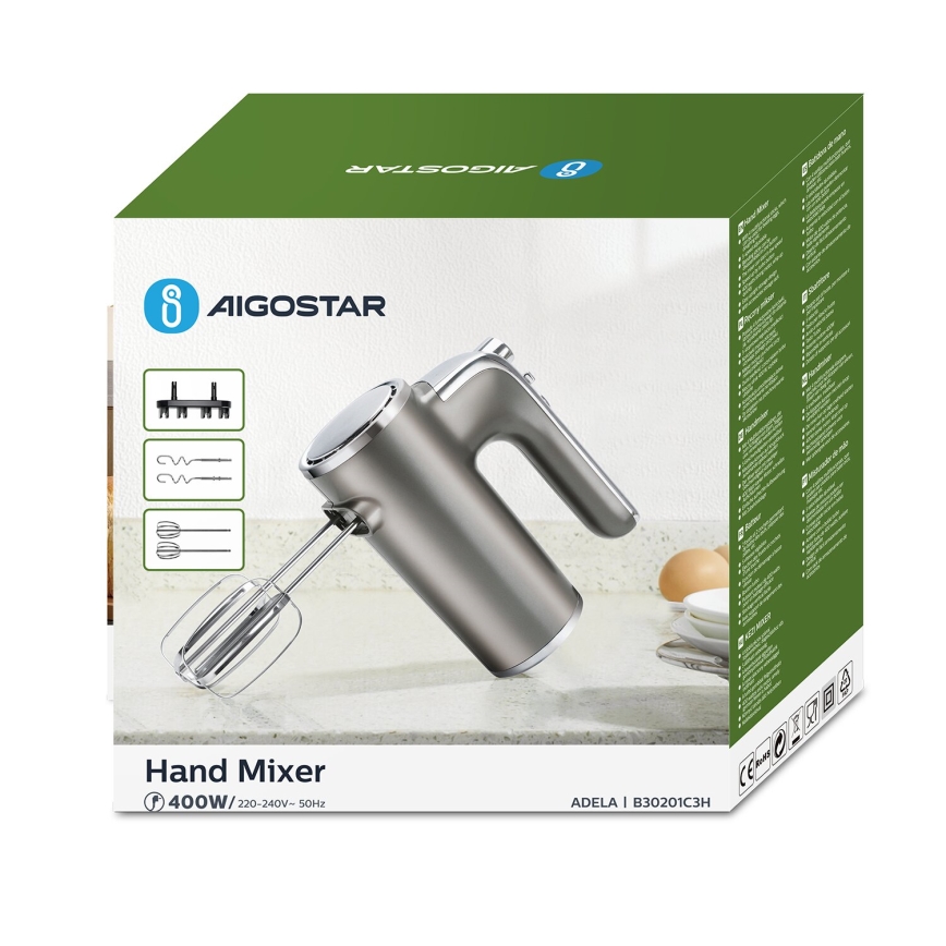 Aigostar - Kädessä pidettävä sekoitn 400W/230V harmaa/mattakromi