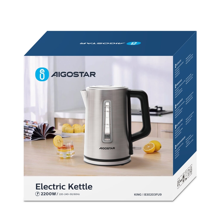 Aigostar - Kattila 1,7l 2200W/230V mattakromi