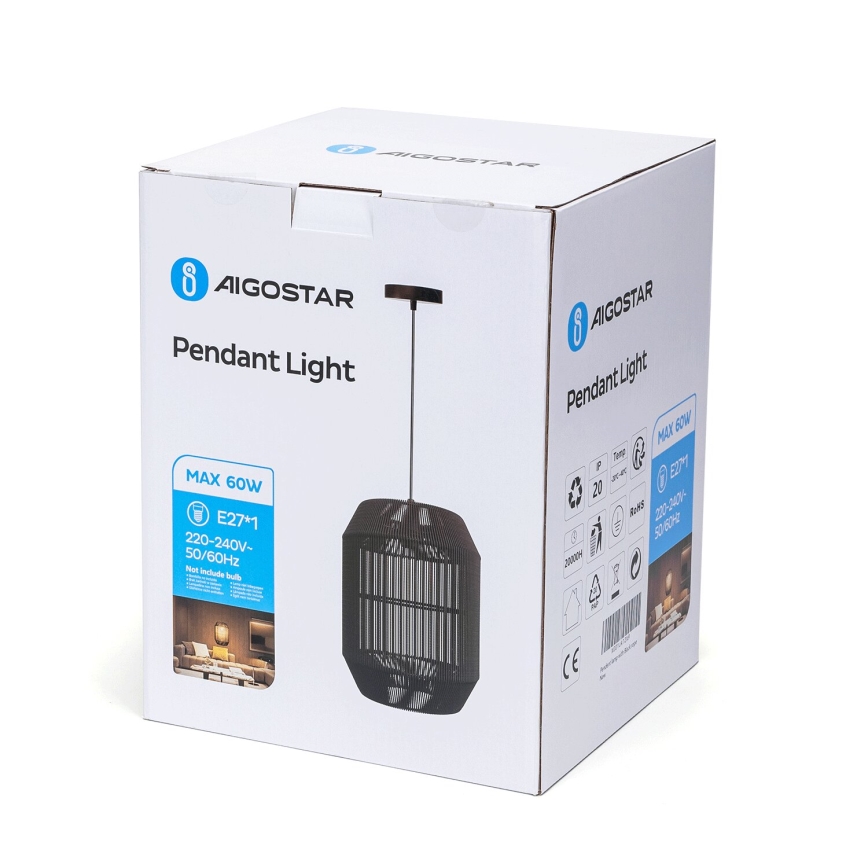Aigostar - Kattokruunu johdossa 1xE27/60W/230V musta