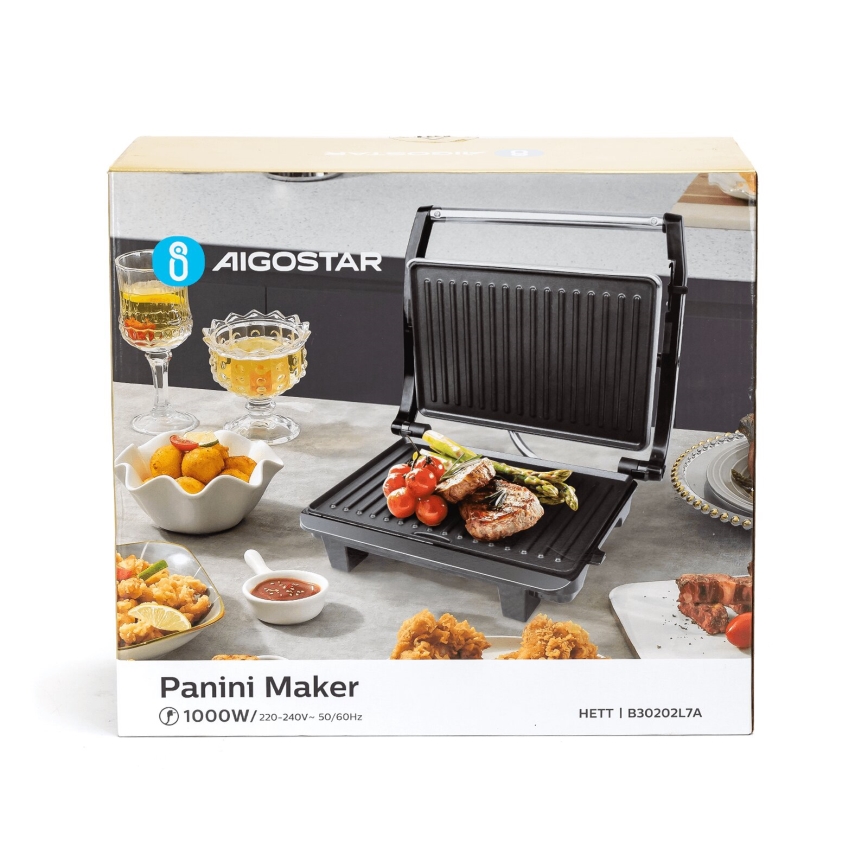 Aigostar - Kontaktigrilli 1000W/230V musta/mattakromi