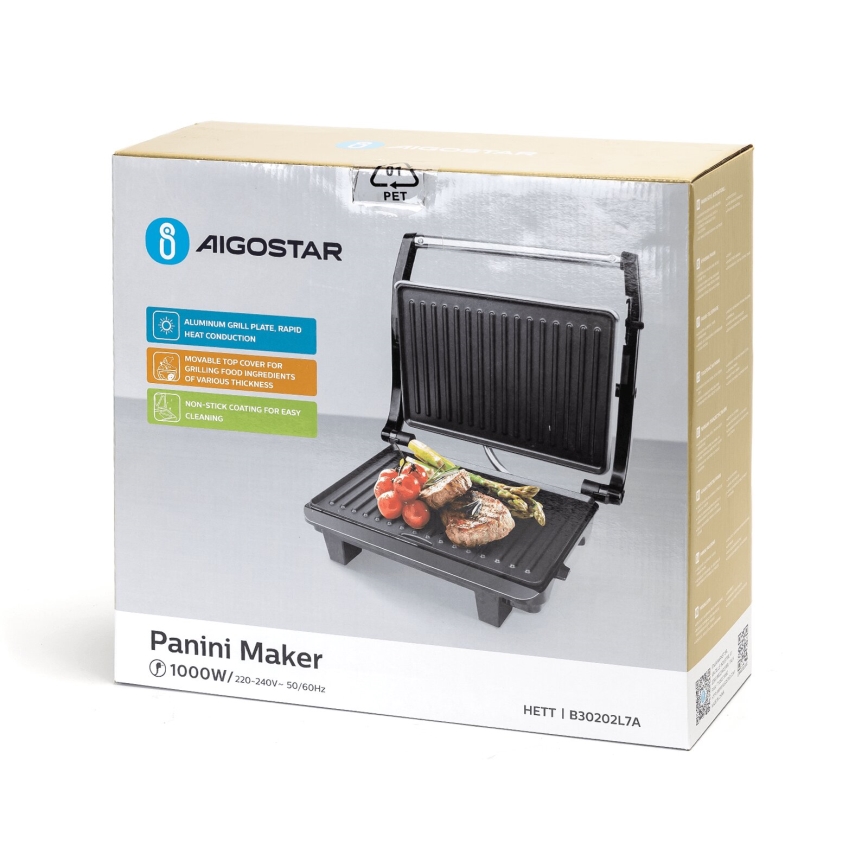 Aigostar - Kontaktigrilli 1000W/230V musta/mattakromi