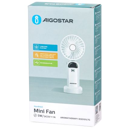 Aigostar - Ladattava käsituuletin 4W/5V 1200mAh valkoinen