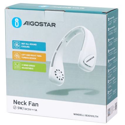 Aigostar - Ladattava kaulatuuletin 4W/5V 2000mAh valkoinen
