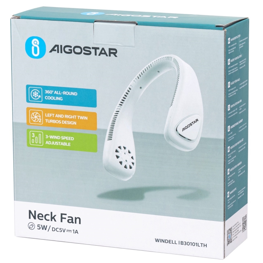 Aigostar - Ladattava kaulatuuletin 4W/5V 2000mAh valkoinen