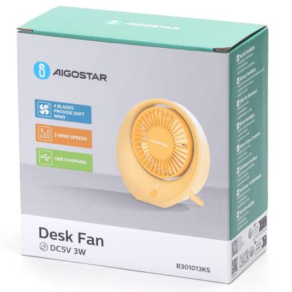 Aigostar - Ladattava pöytätuuletin 3W/5V 1200mAh USB oranssi