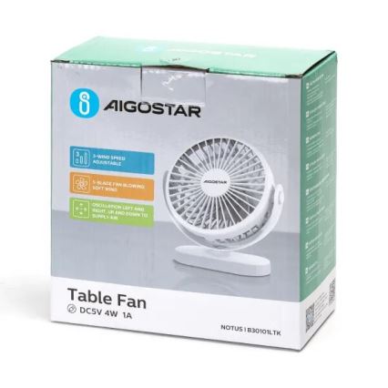 Aigostar - Ladattava pöytätuuletin 4W/5V 1500mAh valkoinen