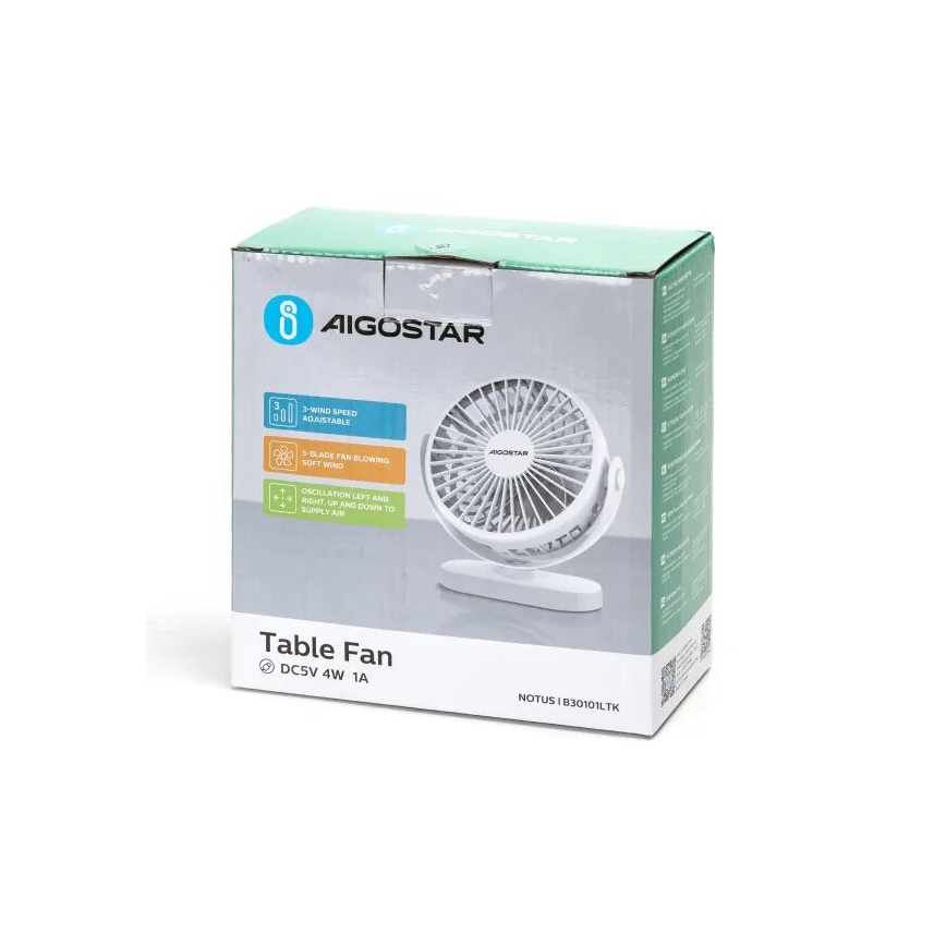 Aigostar - Ladattava pöytätuuletin 4W/5V 1500mAh valkoinen