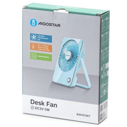 Aigostar - Ladattava pöytätuuletin 5W/5V 3600mAh USB sininen