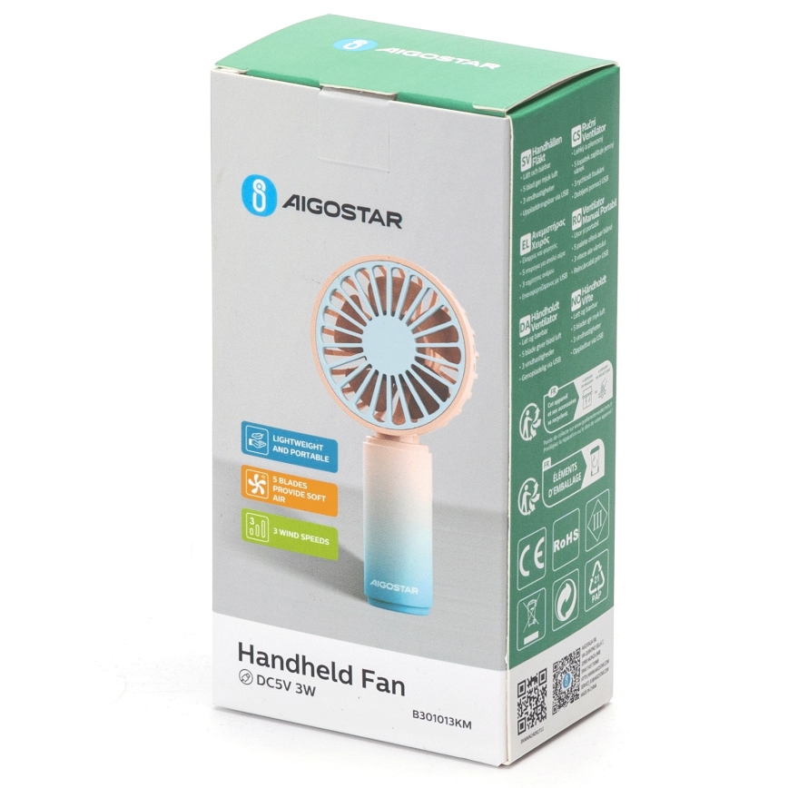 Aigostar - Ladattava taskutuuletin 3W/5V 500 mAh USB vaaleanpunainen/sininen