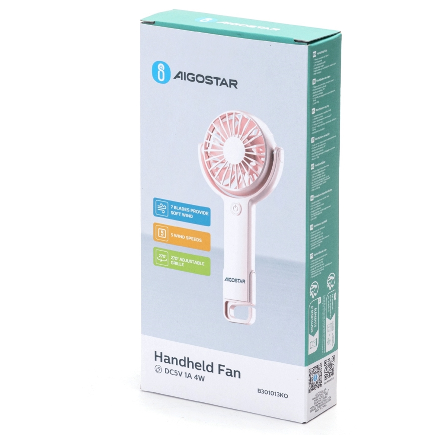 Aigostar - Ladattava taskutuuletin 4,5W/3,7V 1200mAh USB vaaleanpunainen
