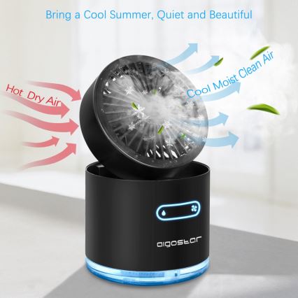 Aigostar - RGB Langaton mini pöytä tuuletin Trimmauskampa koirille ja kissoille MIST 10W/5V musta