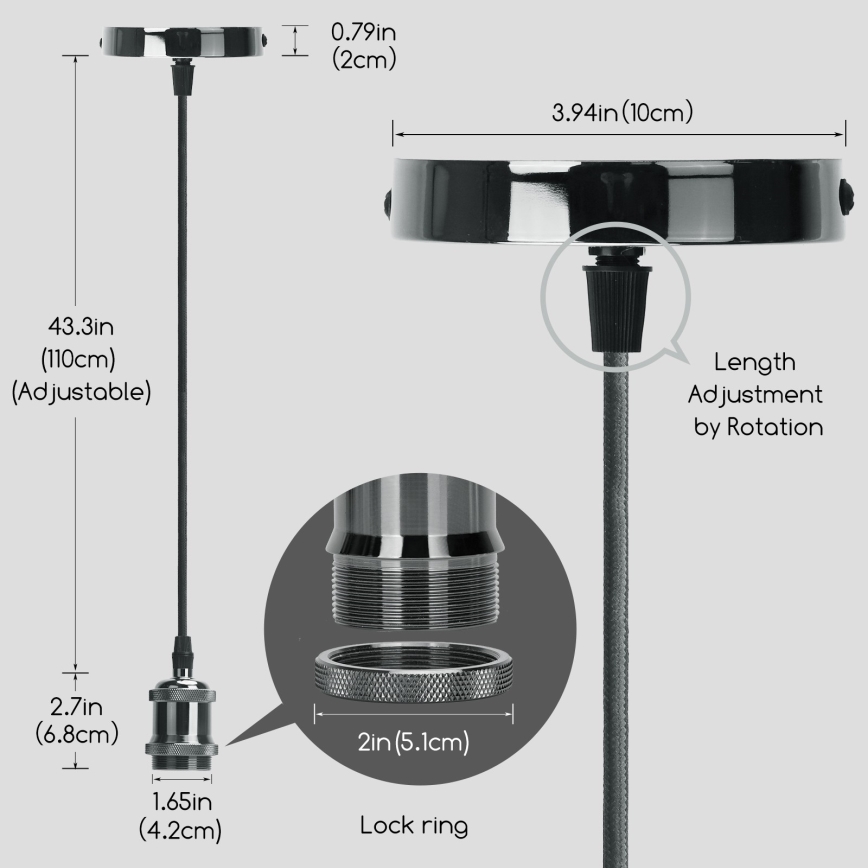 Aigostar - Latauskaapeli 1xE27/60W/230V antrasiitti