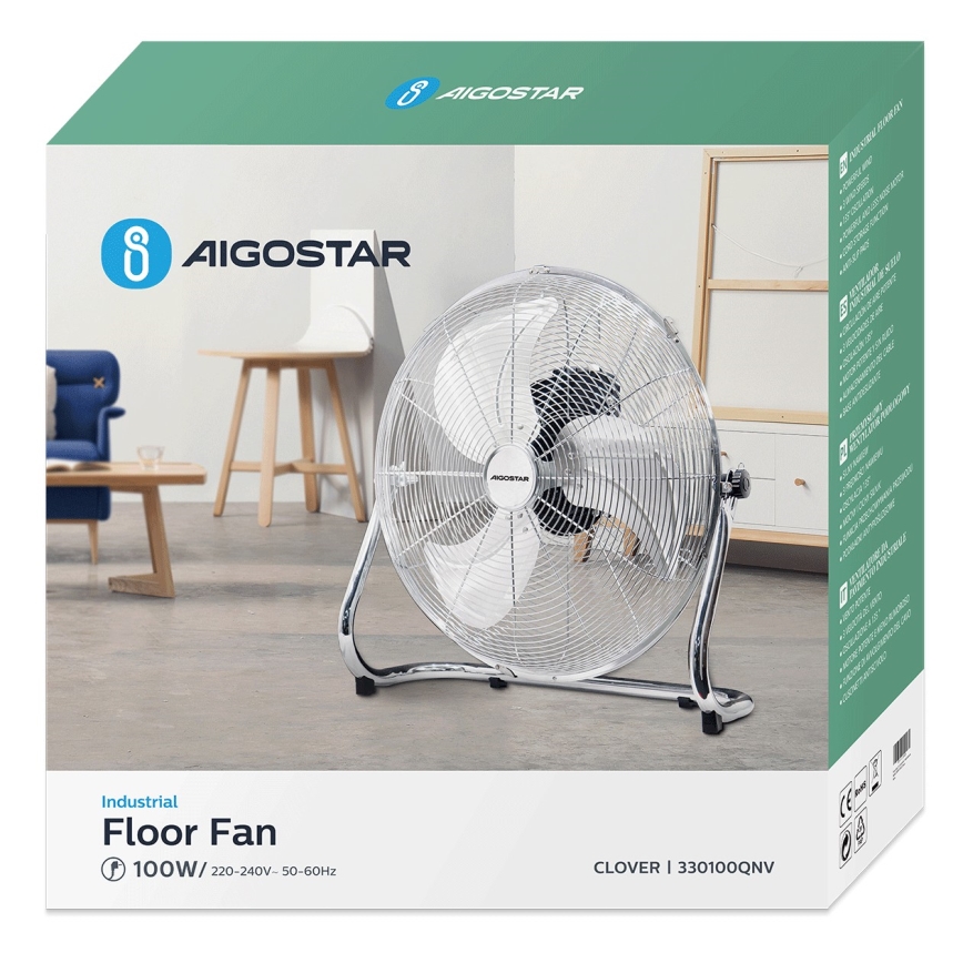Aigostar - Lattiatuuletin 100W/230V kiiltävä kromi