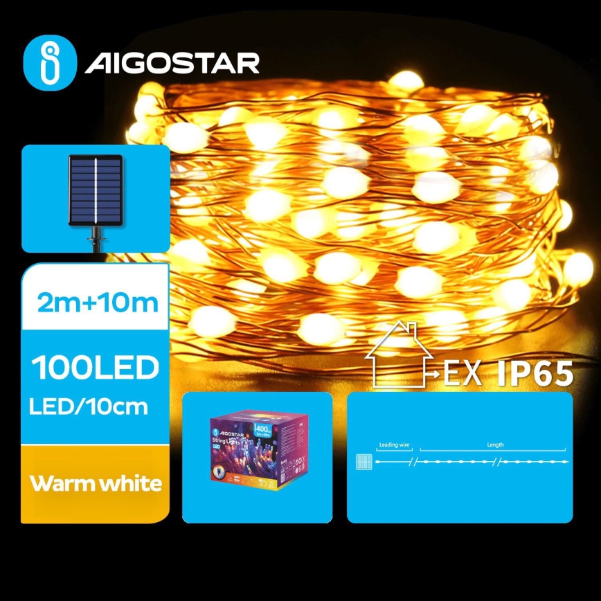 Aigostar - LED aurinkokenno jouluketju 100xLED/8 toiminnot 12m 800 mAh IP65 lämpimänvalkoinen