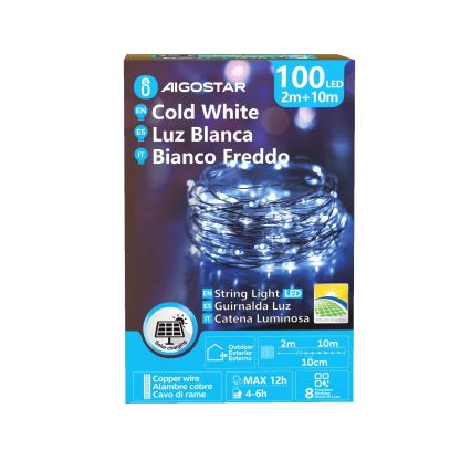 Aigostar - LED aurinkokenno jouluketju 100xLED/8 toiminnot 12m IP65 800 mAh kylmänvalkoinen