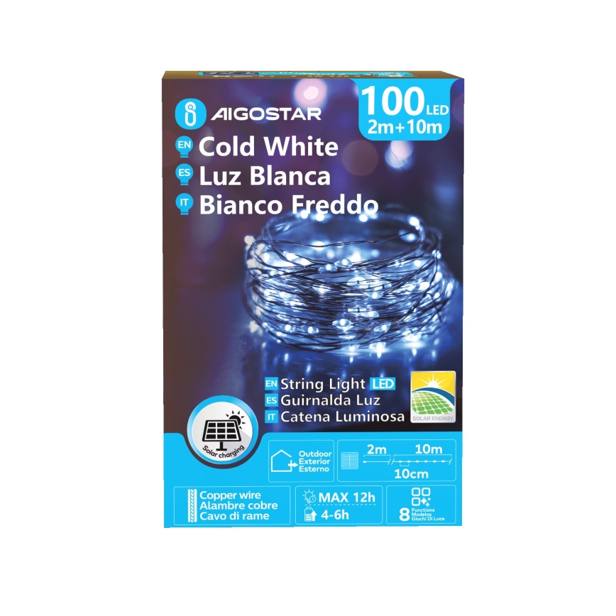 Aigostar - LED aurinkokenno jouluketju 100xLED/8 toiminnot 12m IP65 800 mAh kylmänvalkoinen