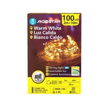 Aigostar - LED aurinkokenno jouluketju 100xLED/8 toiminnot 12m 800 mAh IP65 lämpimänvalkoinen
