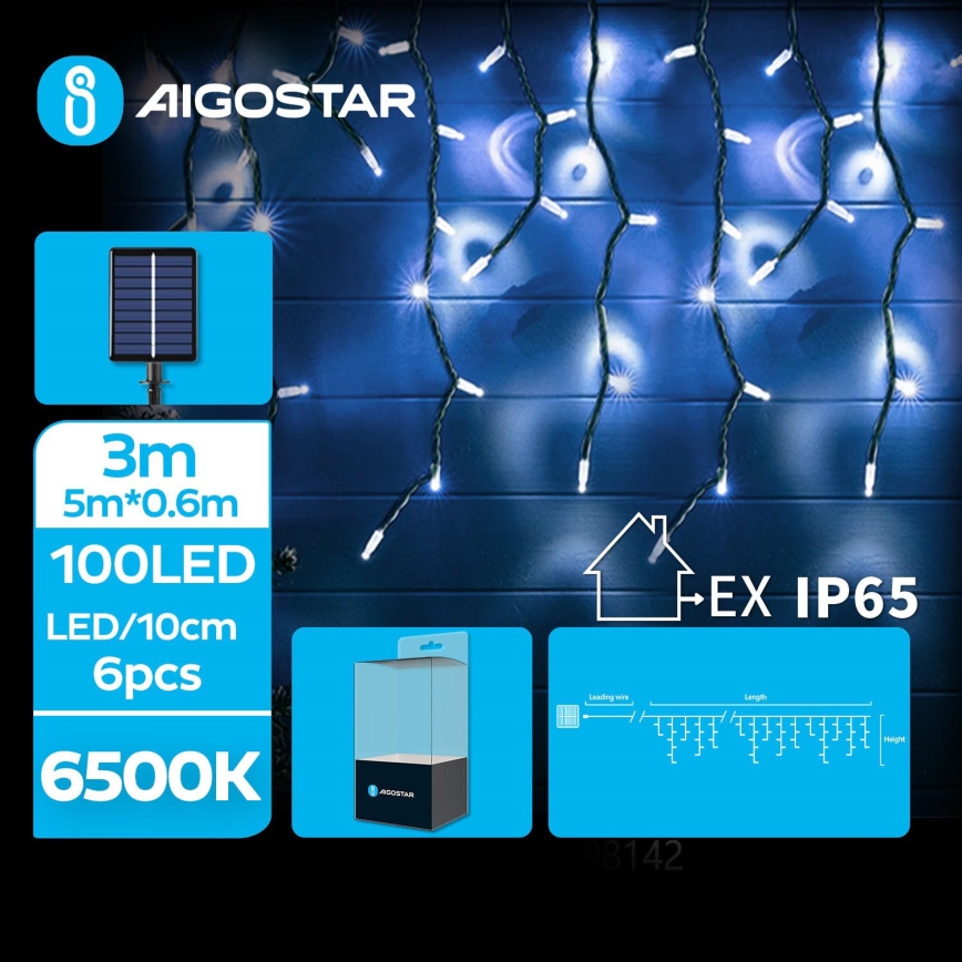 Aigostar - LED aurinkokenno jouluketju 100xLED/8 toiminnot 8x0,6m 500 mAh IP65 kylmänvalkoinen
