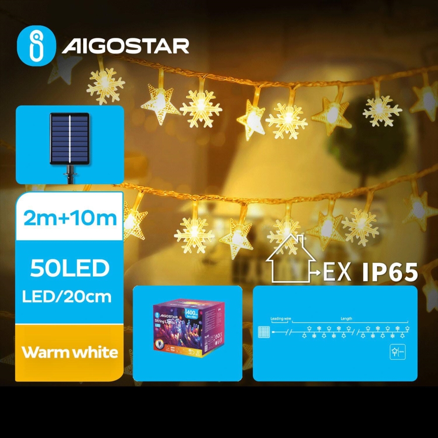 Aigostar - LED aurinkokenno jouluketju 50xLED/8 toiminnot 12m 800mAh IP65 lämpimänvalkoinen