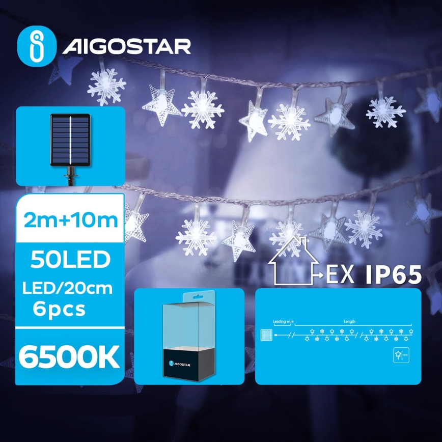 Aigostar - LED aurinkokenno jouluketju 50xLED/8 toiminnot 12m IP65 800 mAh kylmänvalkoinen