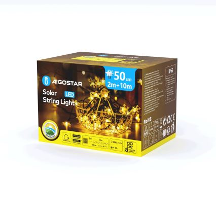 Aigostar - LED aurinkokenno jouluketju 50xLED/8 toiminnot 12m 800mAh IP65 lämpimänvalkoinen