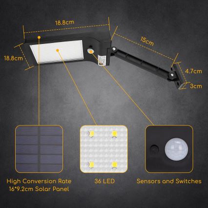 Aigostar - LED aurinkokenno katuvalaisin liiketunnistimella LED/2,3W/5,5V IP65