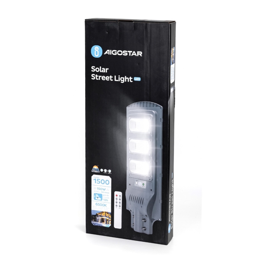 Aigostar - LED Aurinkokennokatuvalo anturilla LED/150W/3,2V 15000mAh IP65 6500K + kauko-ohjaus