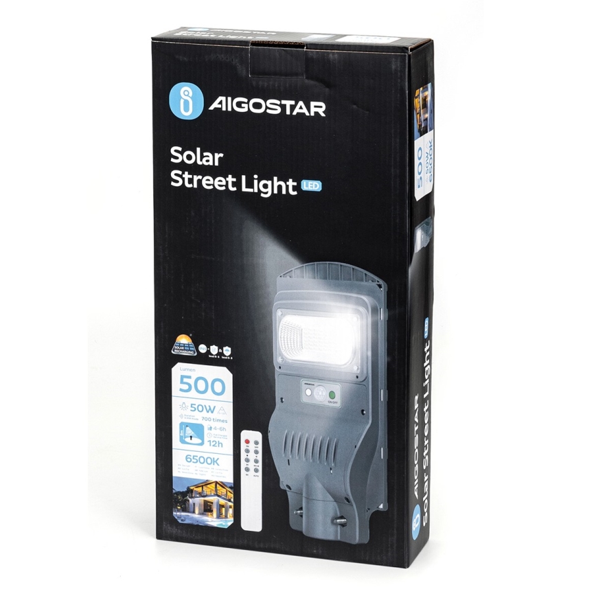 Aigostar - LED Aurinkokennokatuvalo anturilla LED/50W/3,2V 5000mAh IP65 6500K + kauko-ohjaus
