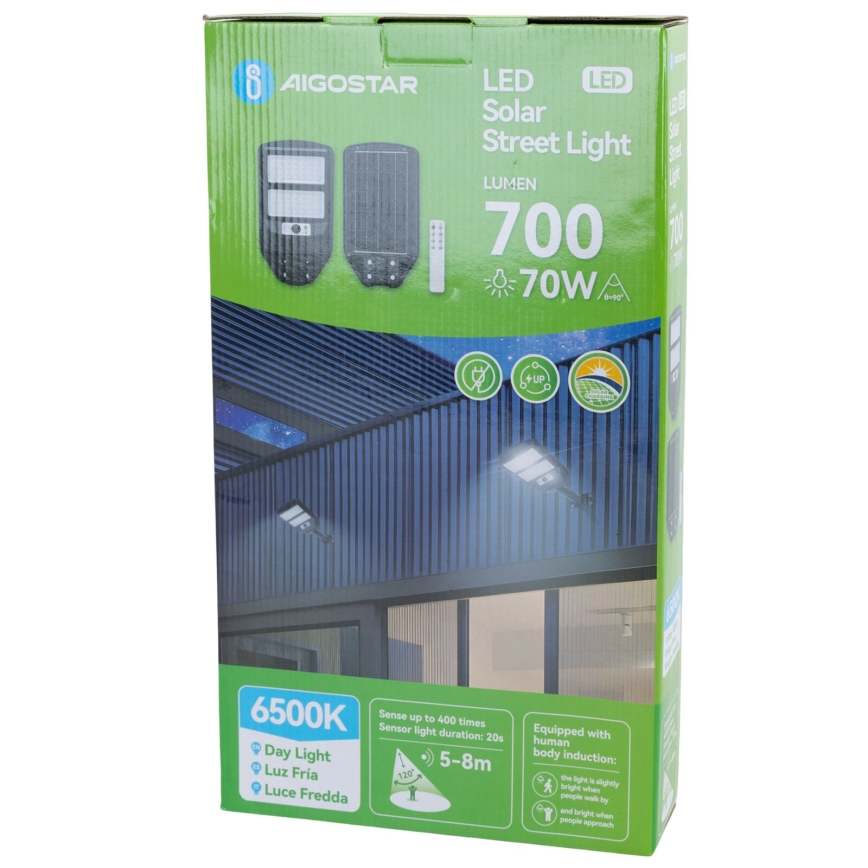 Aigostar - LED Aurinkokennokatuvalo anturilla LED/70W/3,2V 4000mAh IP65 6500K + kauko-ohjaus