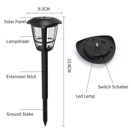 Aigostar - LED-aurinkokennolamppu LED/0,06W/2V 33,8 cm 6500K IP44 musta